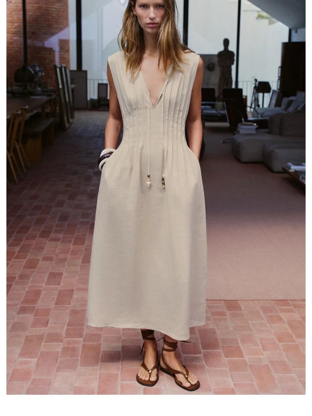 Zara light beige pleated linen midi dress